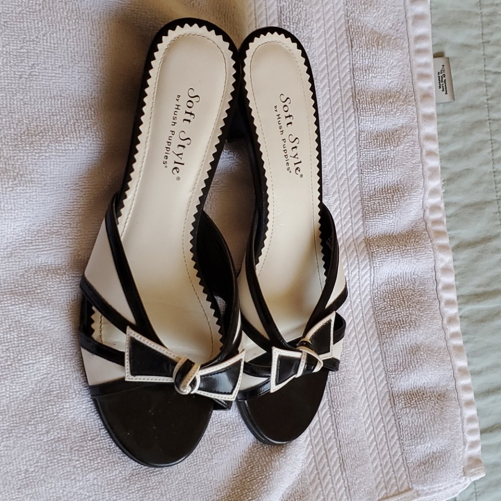 Black and white, used, heeled sandals.